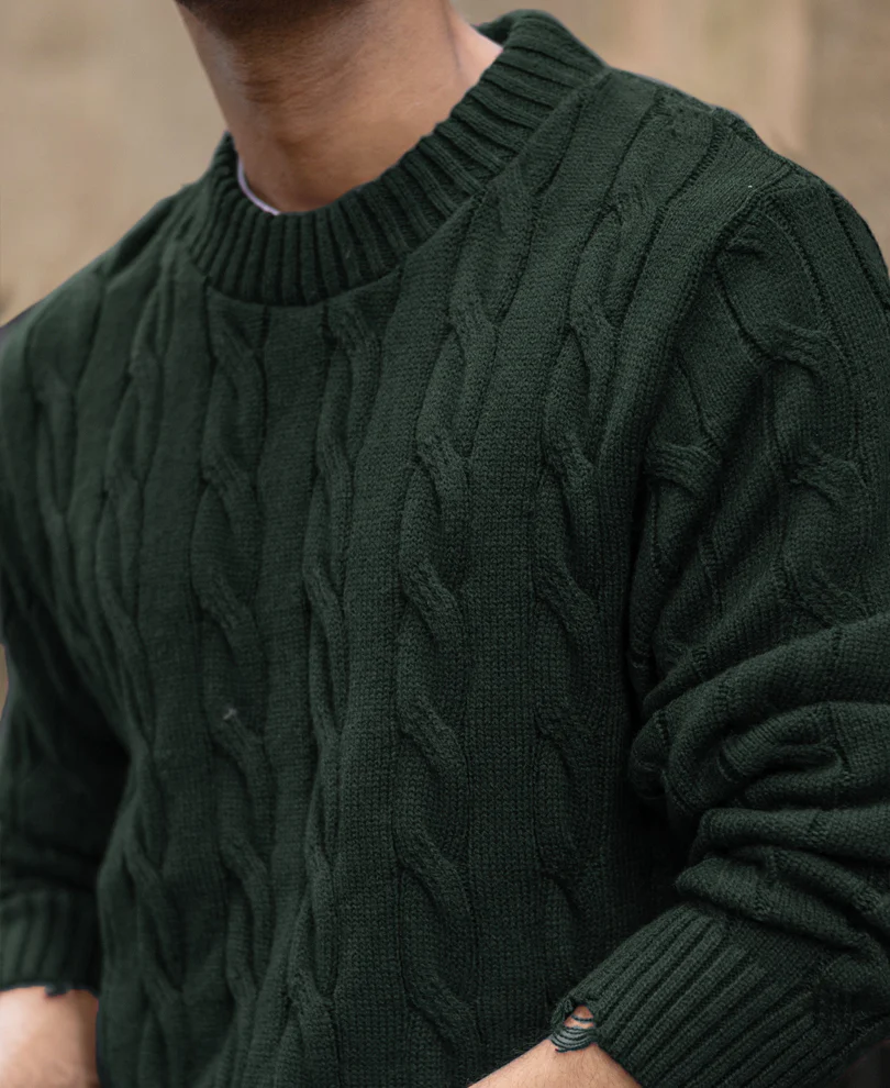 Pine Distressed Cable Knit Sweater - Image 5