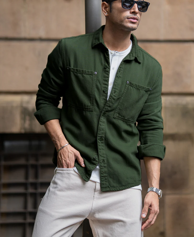 Pine Green Textured Cotton Overshirt - Image 2
