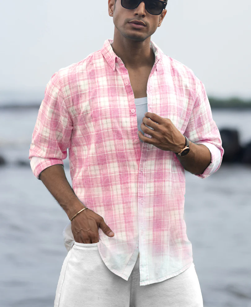 Pink Light Weight Ombre Checks Shirt - Image 2