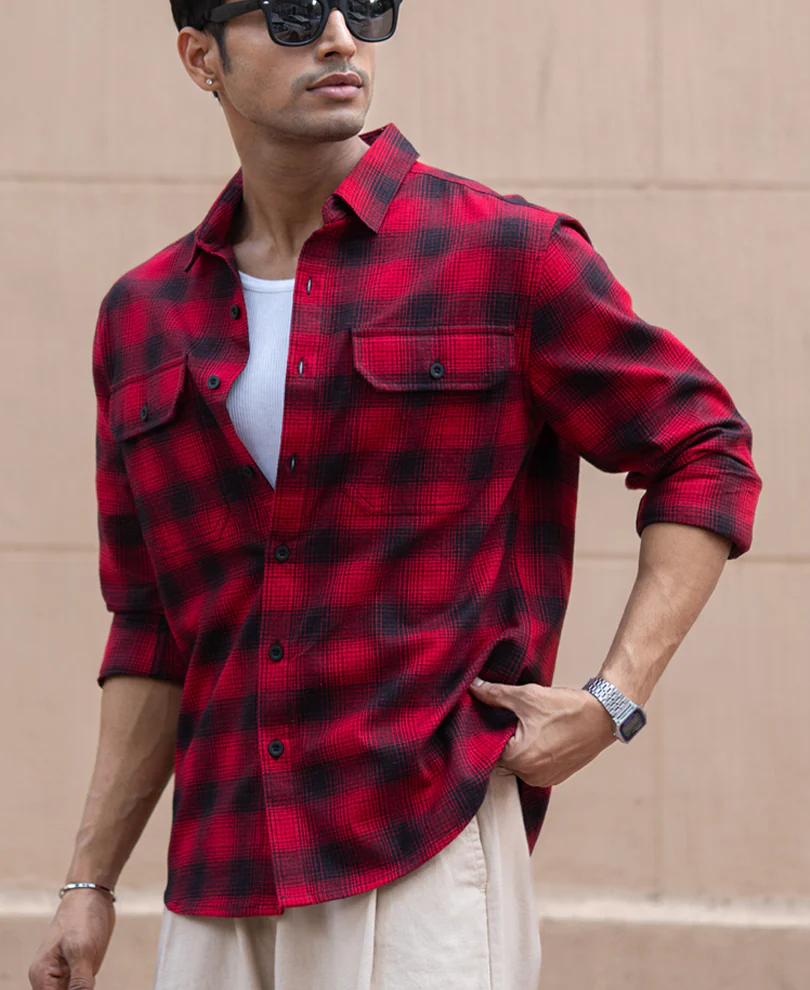 Red Double Pocket Checks Shirt - Image 2
