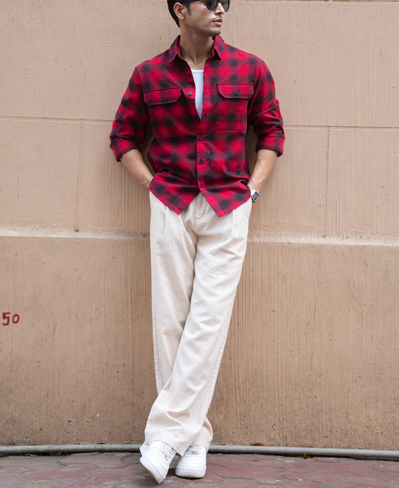 Red Double Pocket Checks Shirt - Image 6