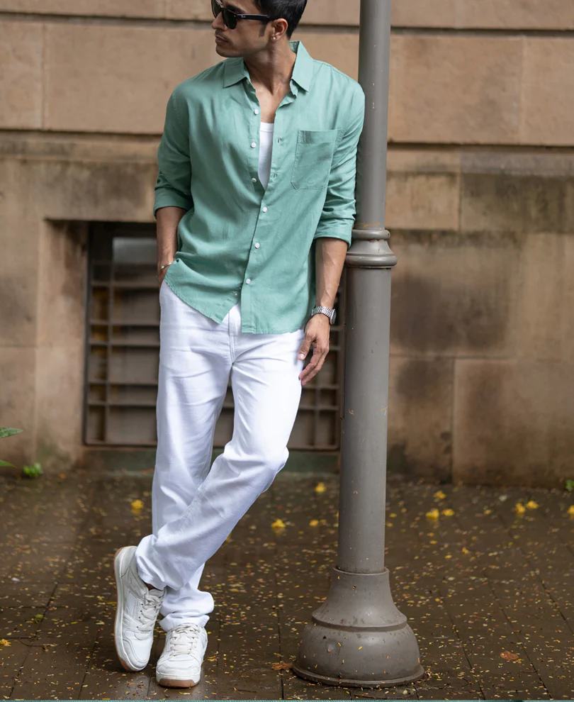 Sage Green Linen Blend Regular Fit Shirt - Image 6