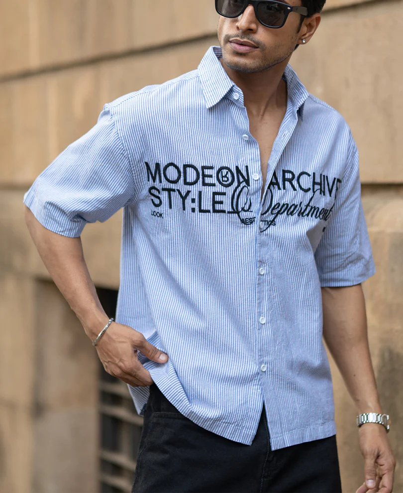 Sky Blue Stripe Embroidered Shirt - Image 2