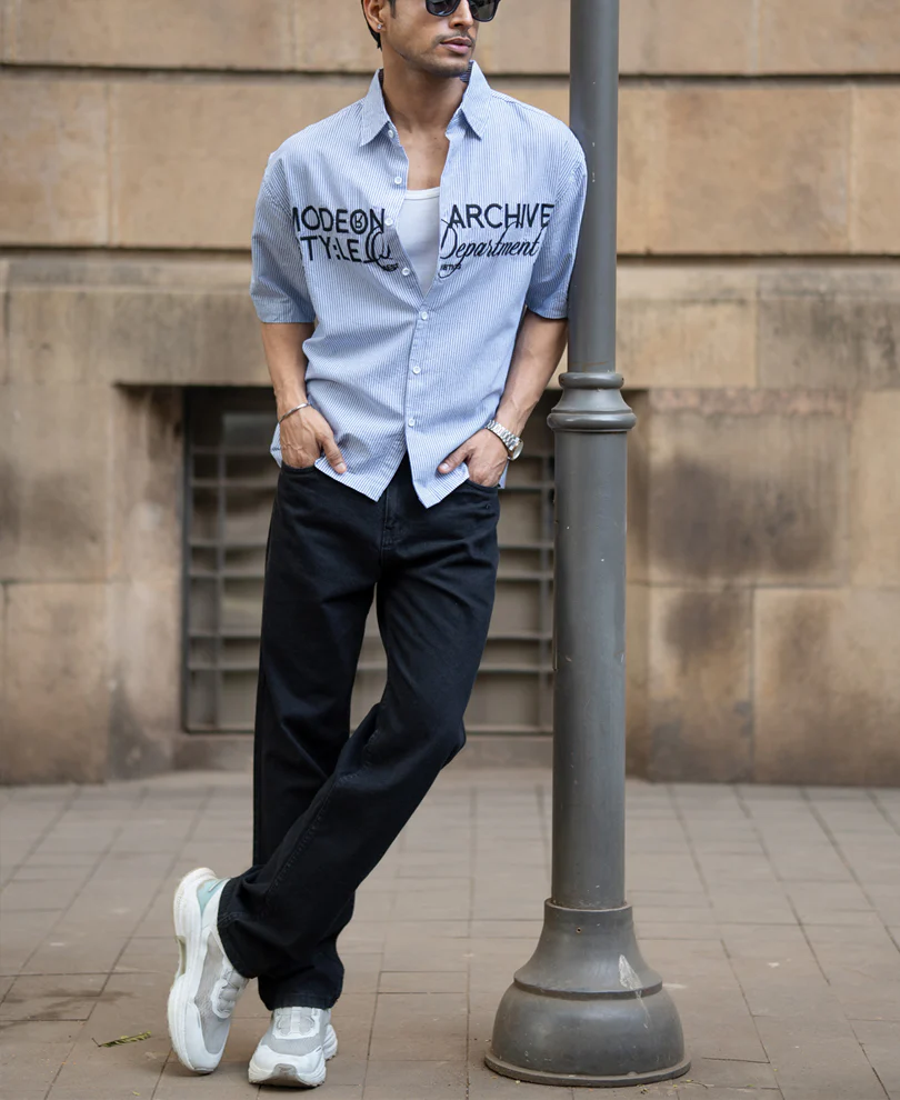 Sky Blue Stripe Embroidered Shirt - Image 7