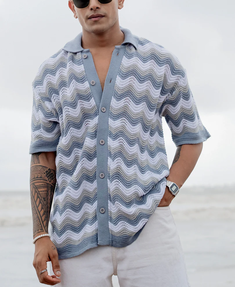 Sky Blue Structured Striped Oversized Fit Half Sleeves Shirt