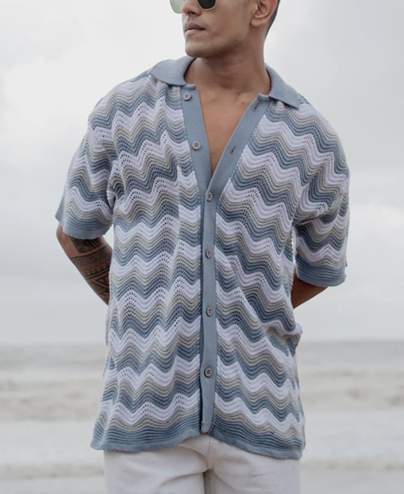 Sky Blue Structured Striped Oversized Fit Half Sleeves Shirt - Image 2