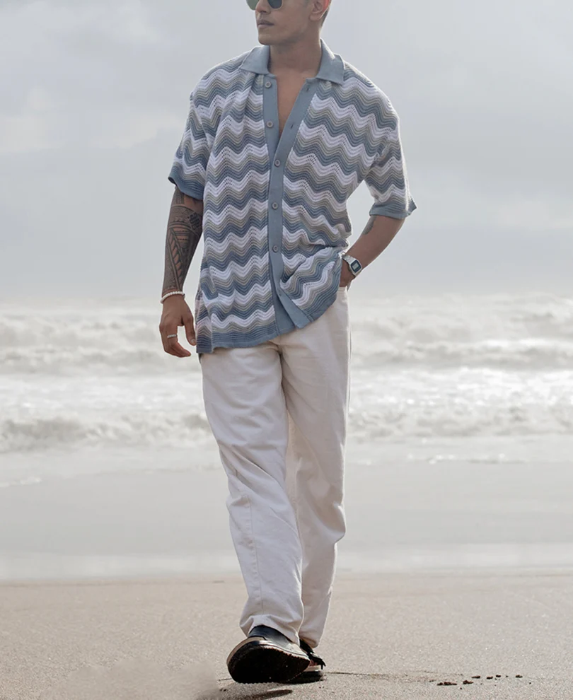 Sky Blue Structured Striped Oversized Fit Half Sleeves Shirt - Image 5