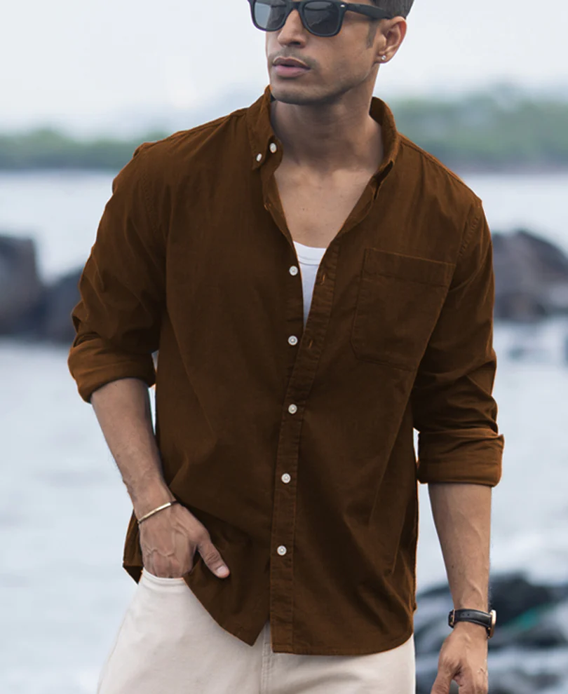 Tan Brown Corduroy Buttondown Shirt - Image 3