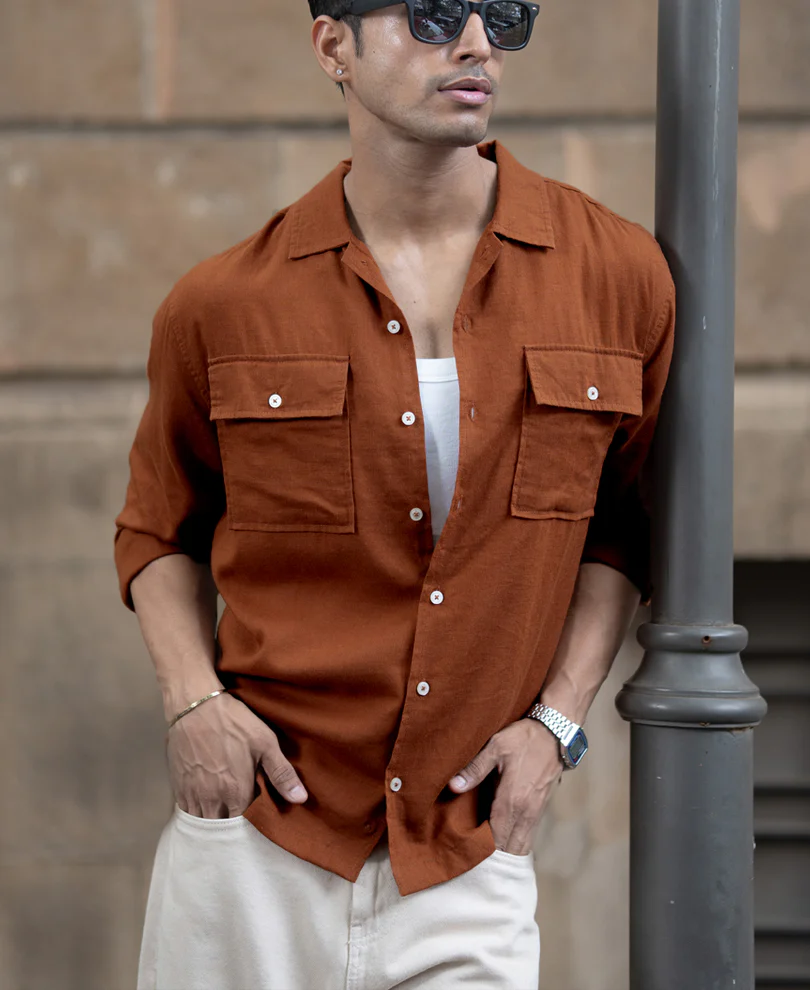 Tan Linen Double Pocket Shirt - Image 2