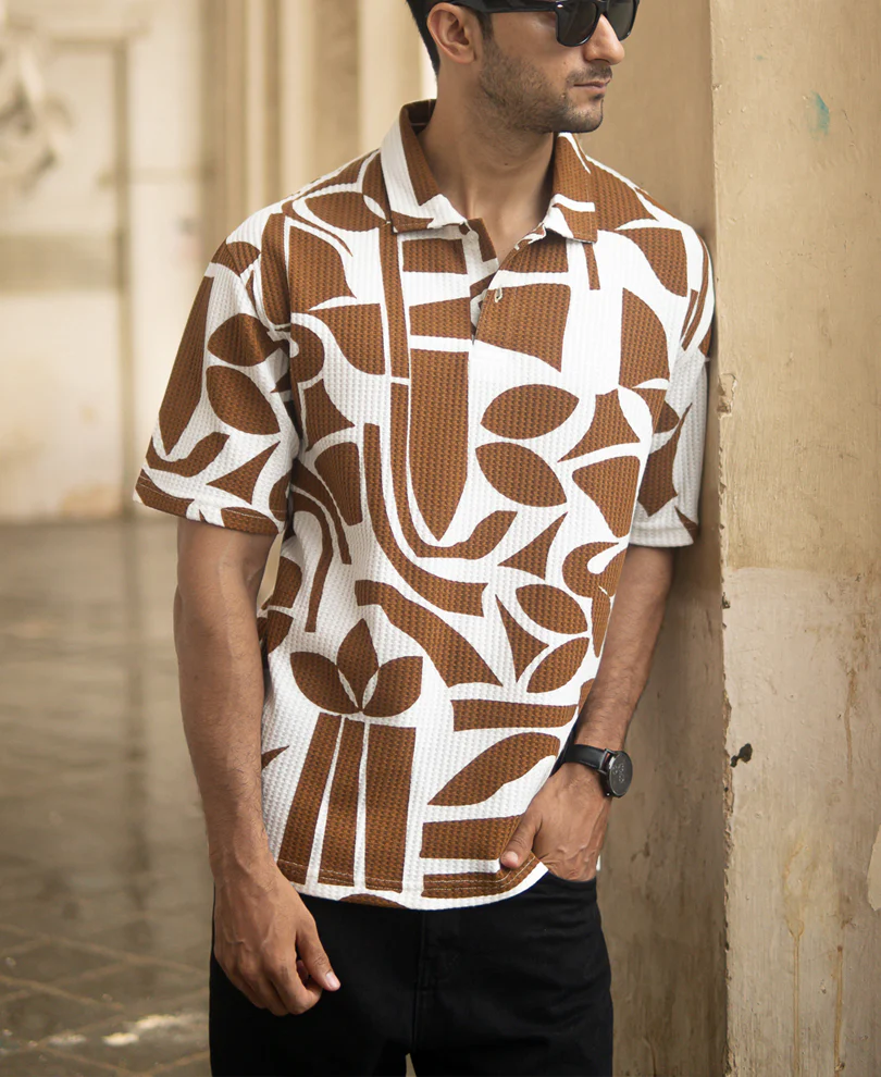 Tan Structure Printed Polo T-Shirt