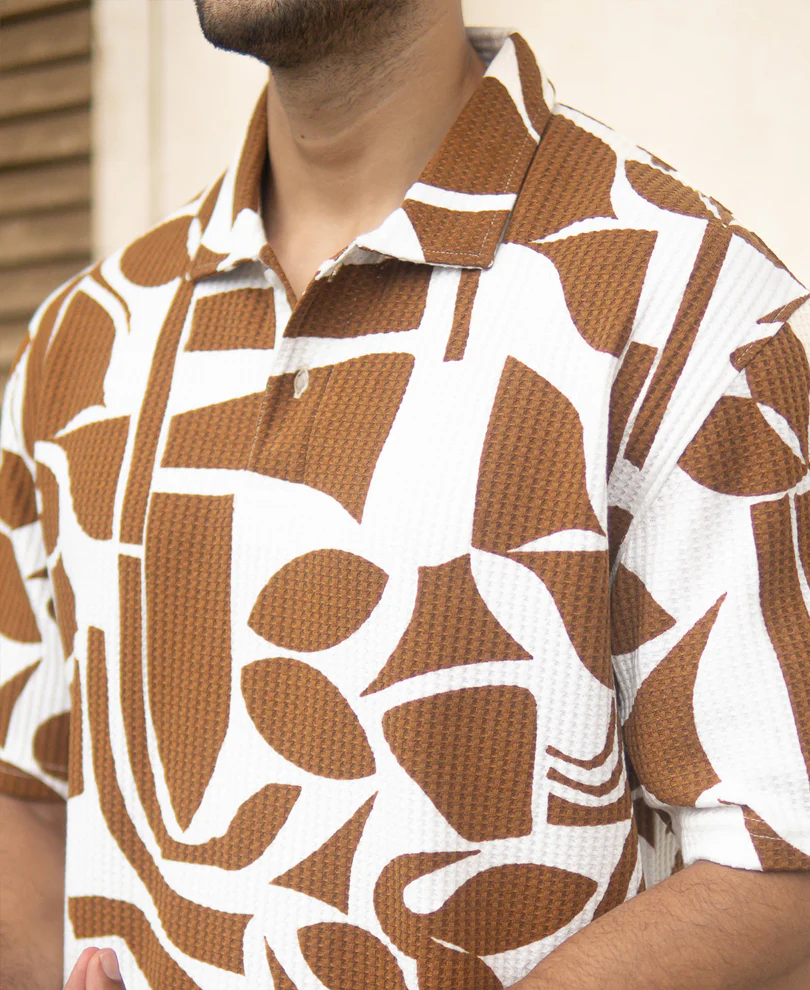 Tan Structure Printed Polo T-Shirt - Image 4