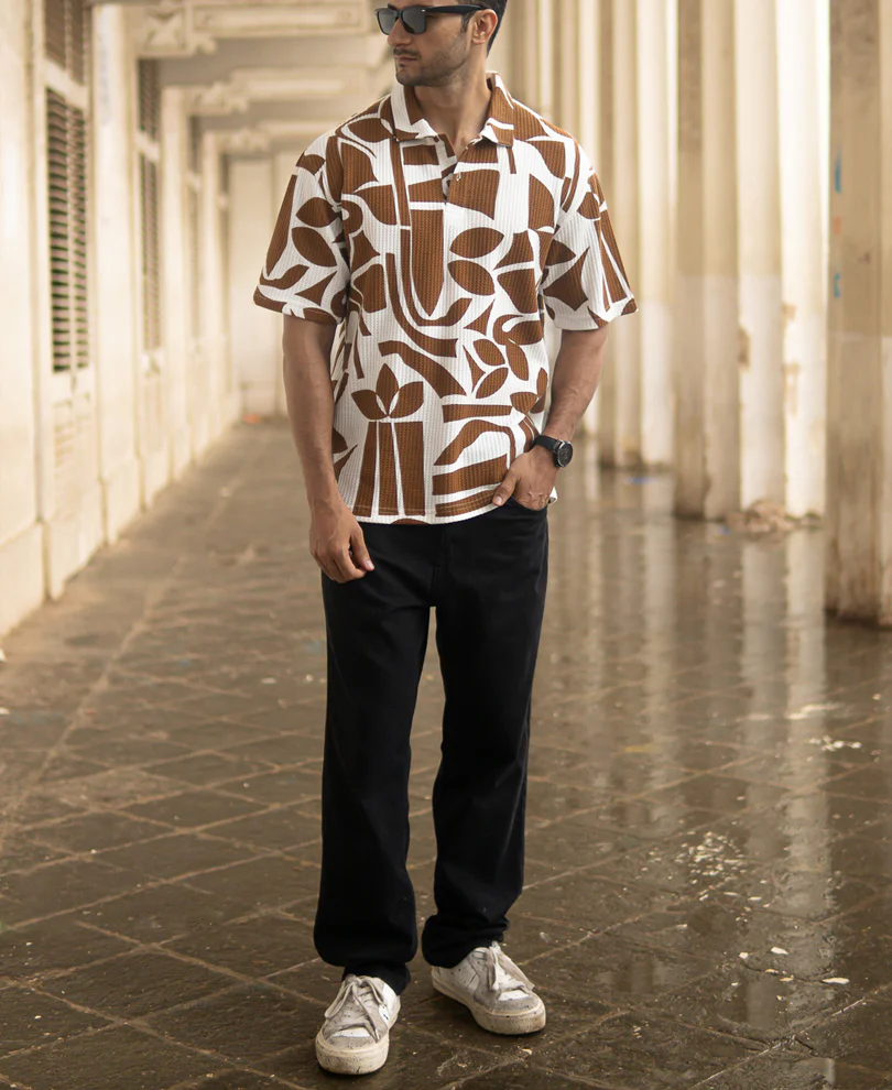 Tan Structure Printed Polo T-Shirt - Image 6