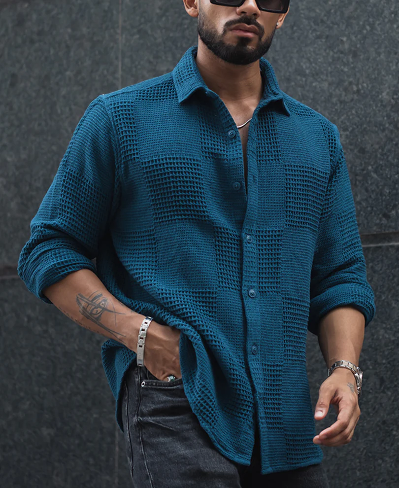 Teal Blue Waffle Structure Regular Fit Full Sleeves Shirt - Image 2