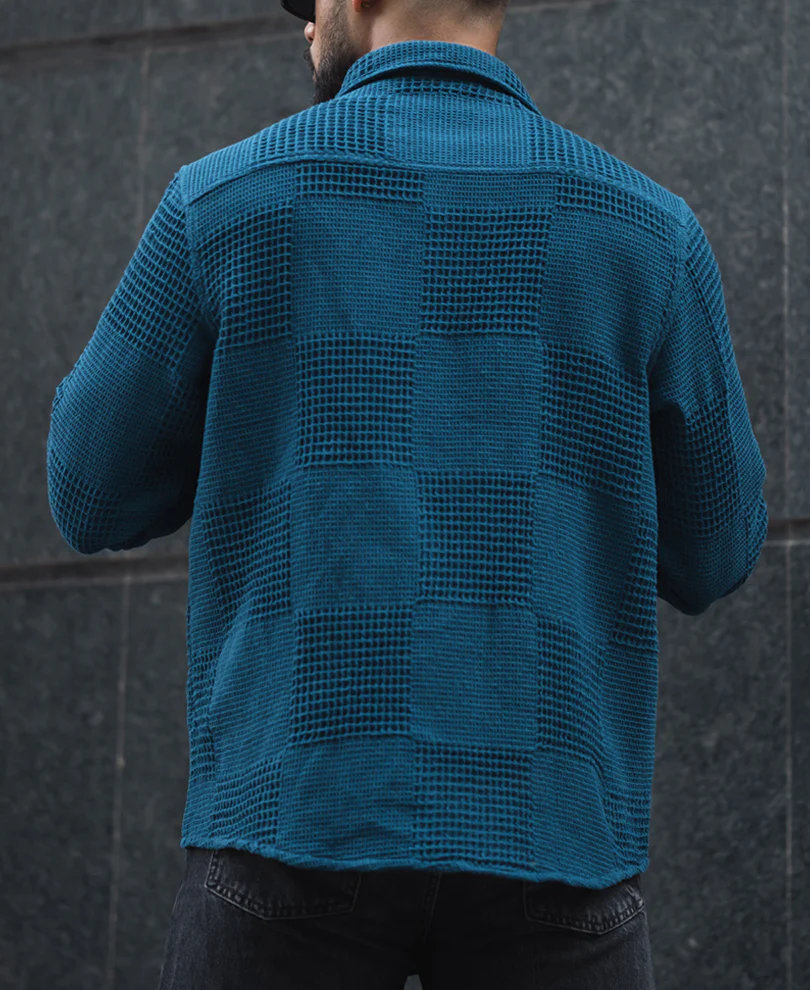Teal Blue Waffle Structure Regular Fit Full Sleeves Shirt - Image 3