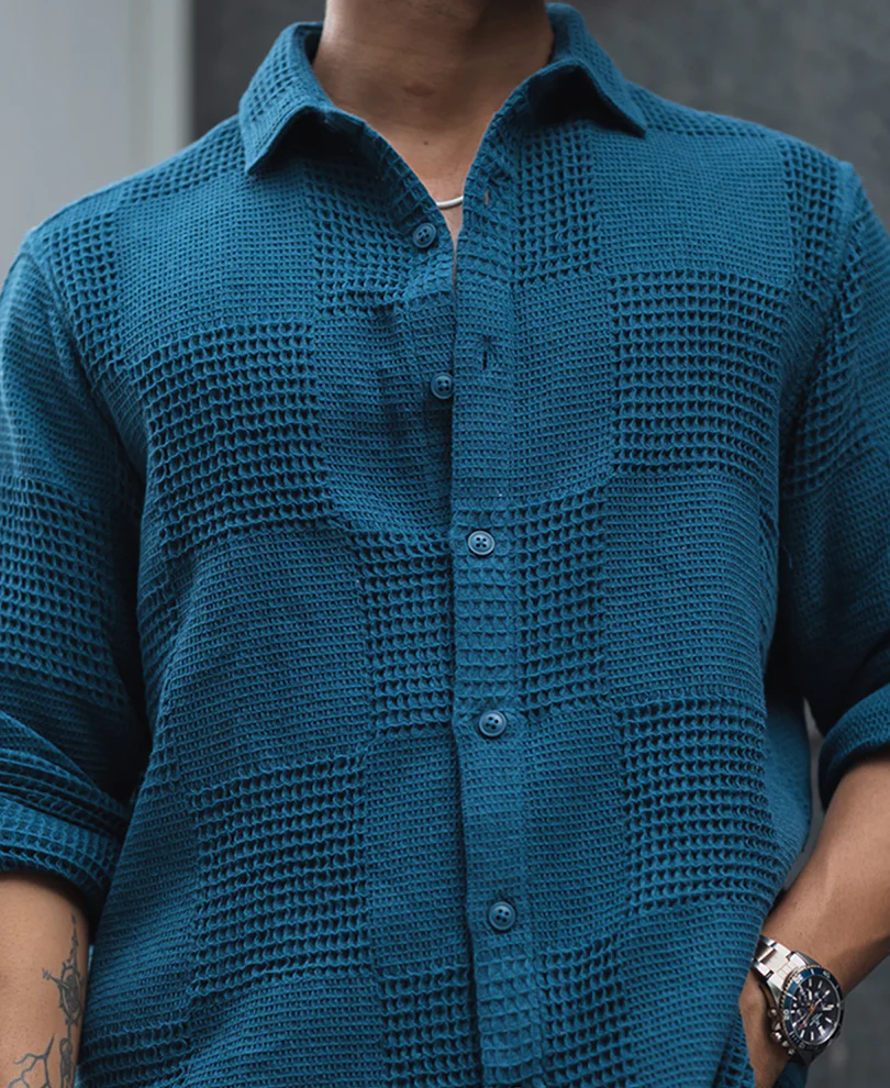 Teal Blue Waffle Structure Regular Fit Full Sleeves Shirt - Image 4
