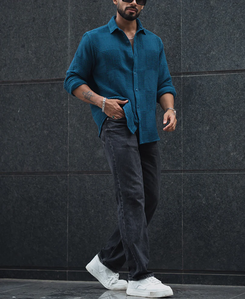 Teal Blue Waffle Structure Regular Fit Full Sleeves Shirt - Image 5