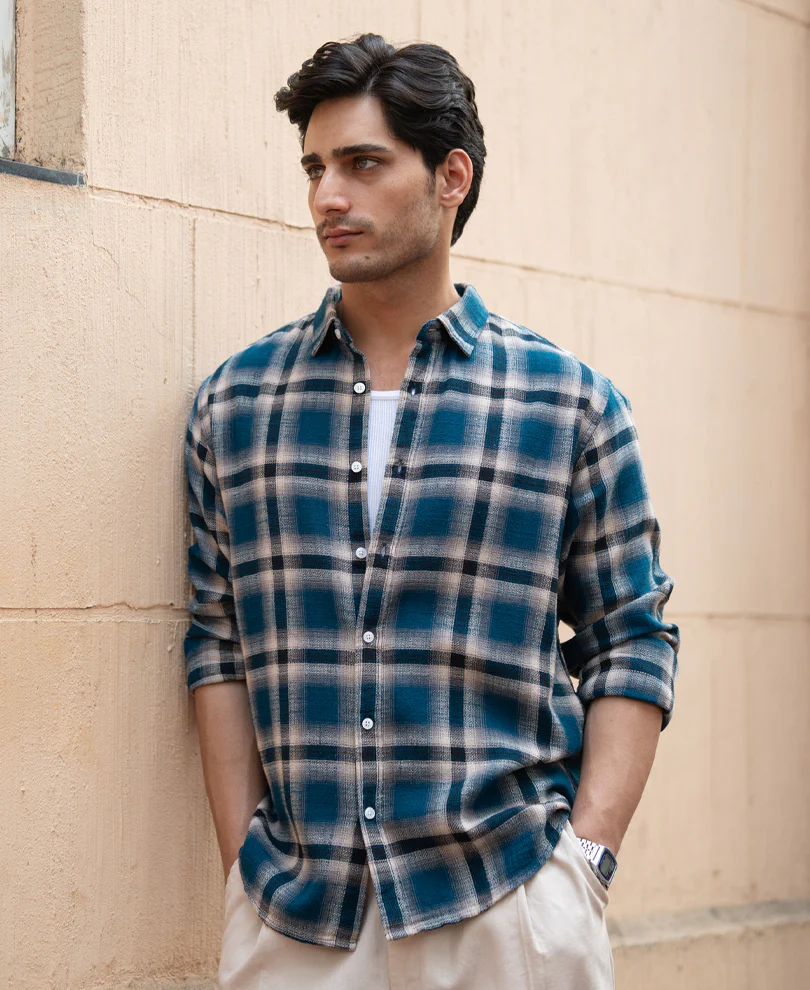 Teal Structured Checks Shirt - Image 3