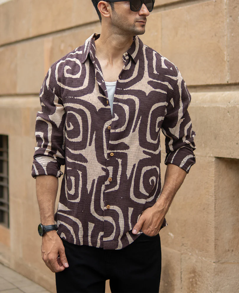 Coffee Brown Abstract Print Shirt - Image 3