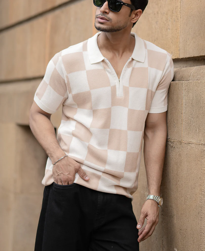 White And Beige Checkerboard Knit T-Shirt - Image 2
