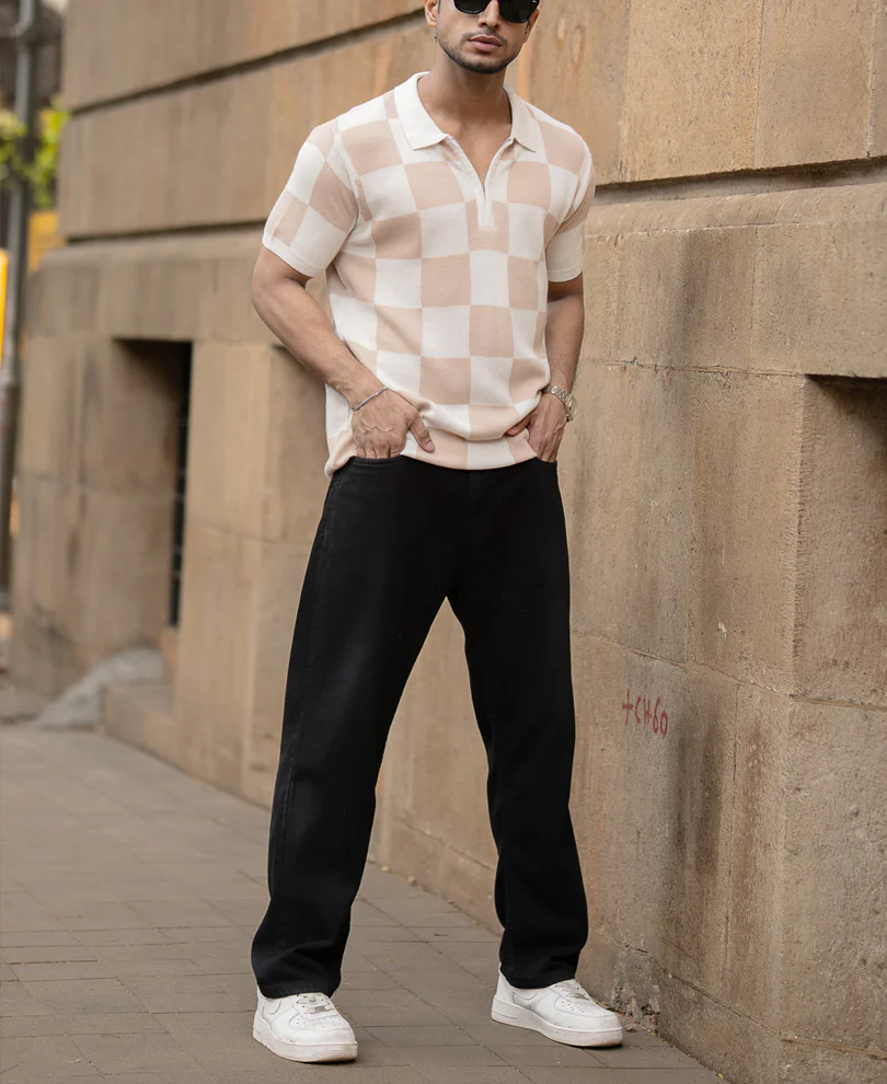 White And Beige Checkerboard Knit T-Shirt - Image 6