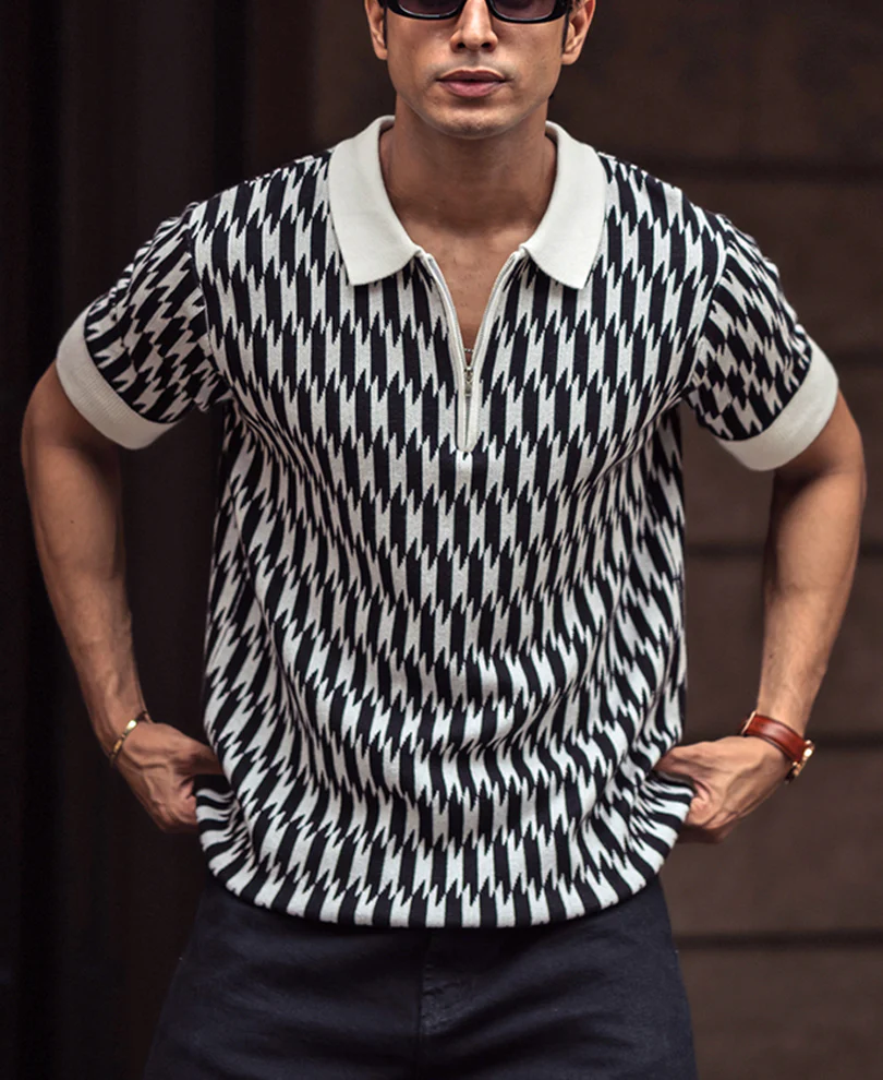 White and Black Knitted Regular Fit Half Sleeves Zipper T Shirt - Image 2