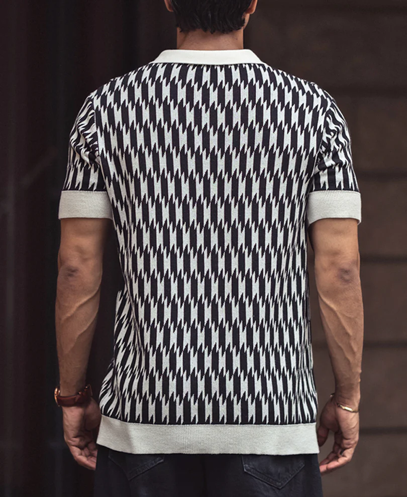 White and Black Knitted Regular Fit Half Sleeves Zipper T Shirt - Image 3