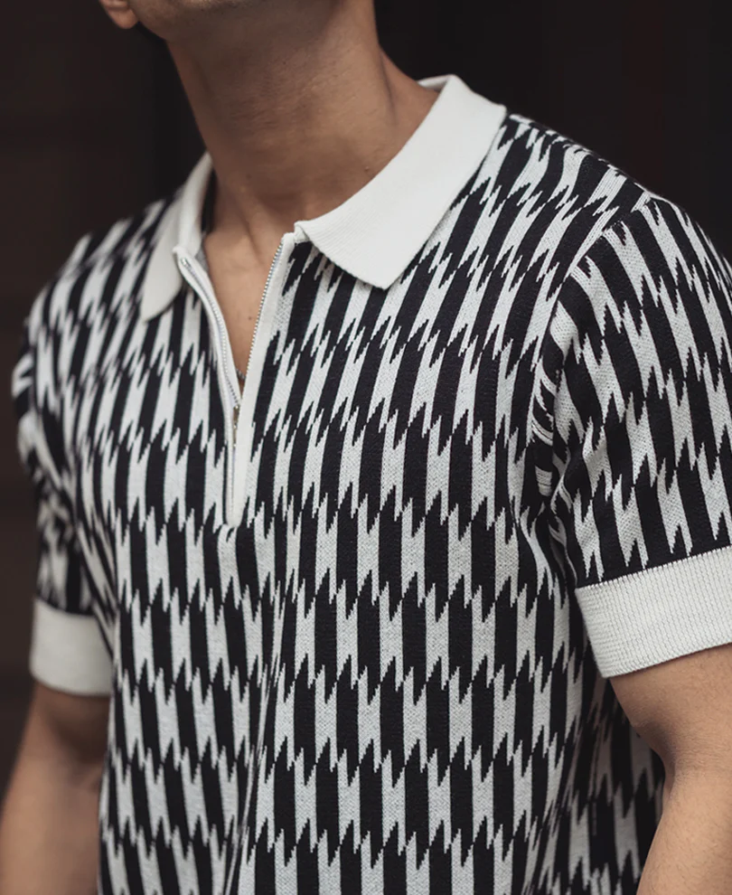 White and Black Knitted Regular Fit Half Sleeves Zipper T Shirt - Image 4