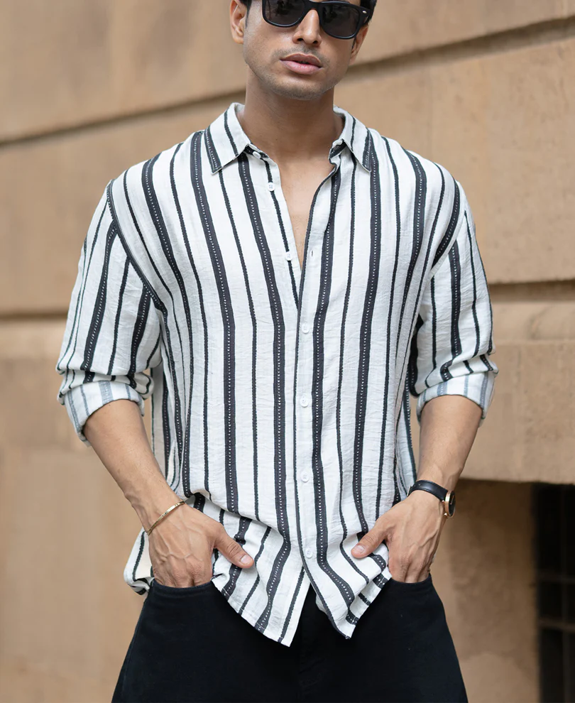 White And Black Striped Flowy Shirt