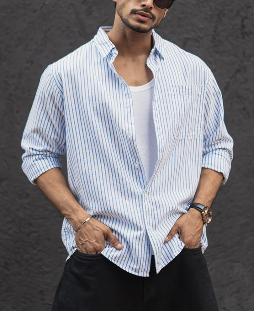 White and Blue Stripes Regular Fit Full Sleeves Shirt