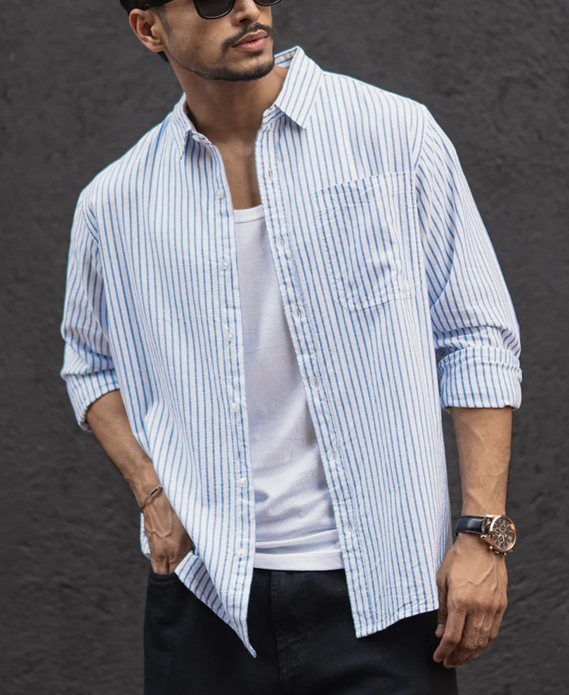 White and Blue Stripes Regular Fit Full Sleeves Shirt - Image 2