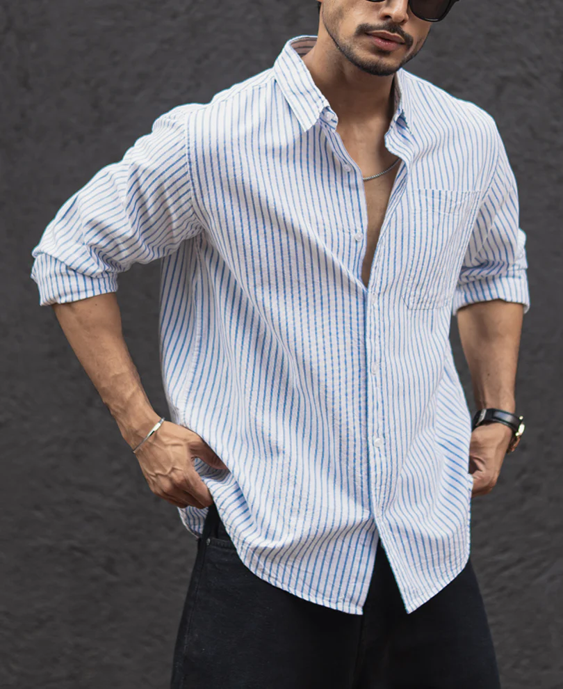White and Blue Stripes Regular Fit Full Sleeves Shirt - Image 3