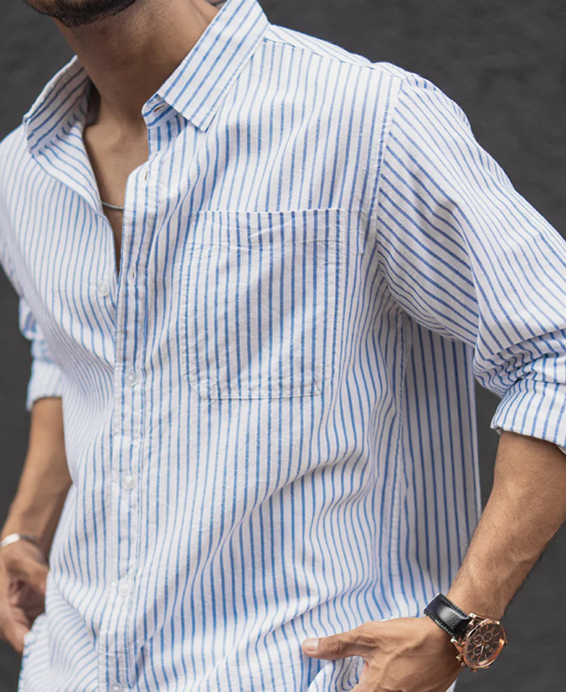 White and Blue Stripes Regular Fit Full Sleeves Shirt - Image 5