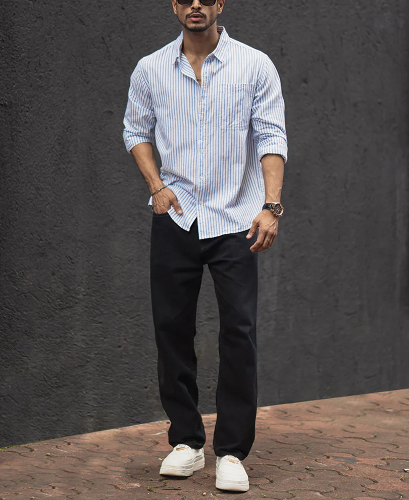 White and Blue Stripes Regular Fit Full Sleeves Shirt - Image 6