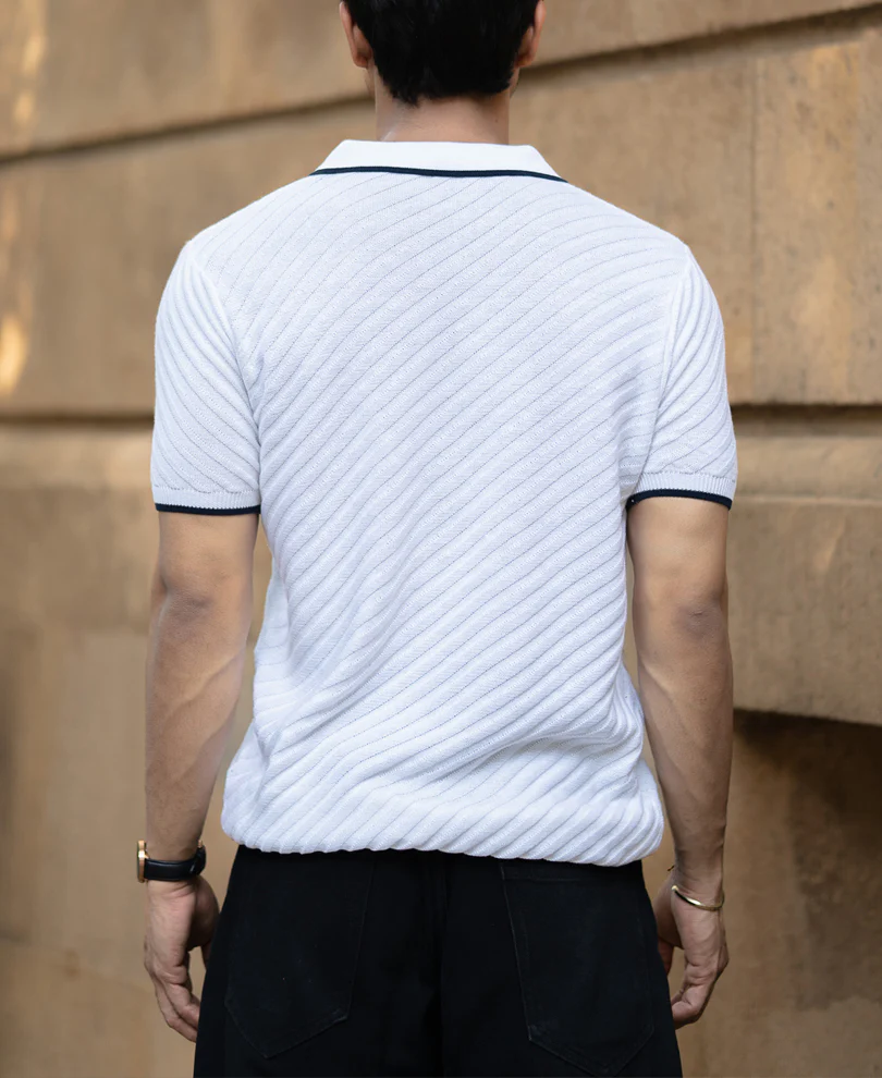 White Diagonal Knit T-Shirt - Image 5