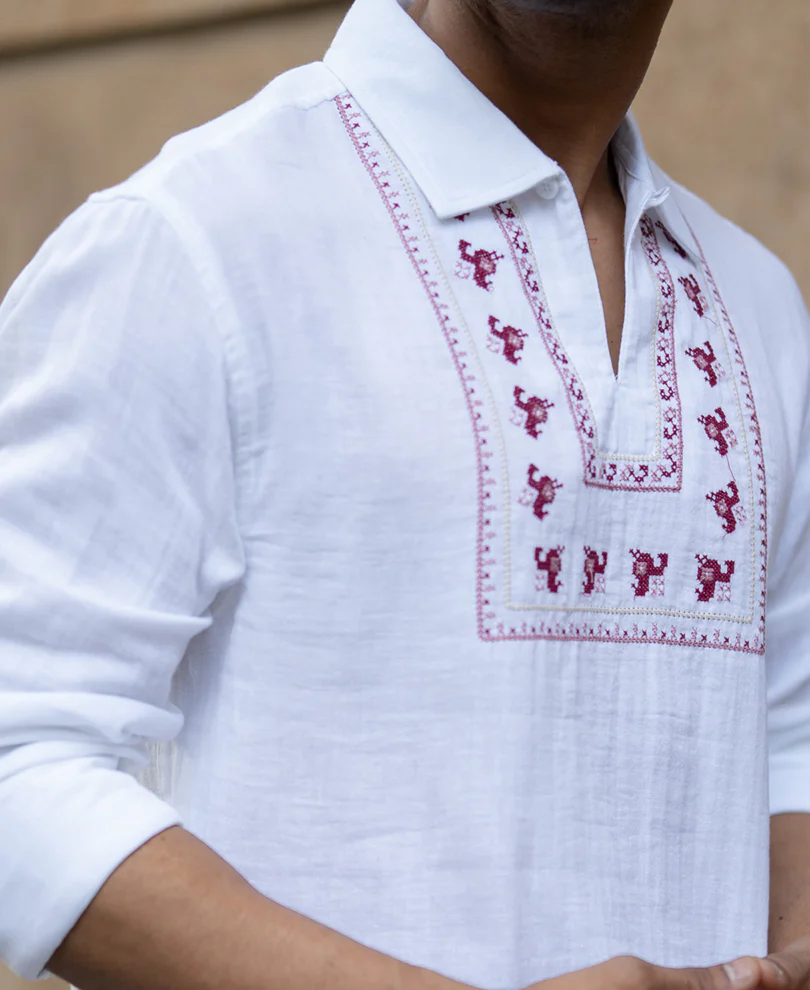 White Embroidered Kurta Shirt - Image 4