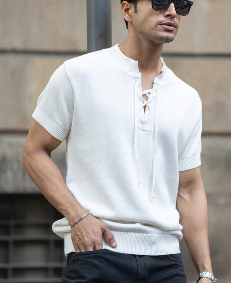 White Knitted Regular Fit Henley T-Shirt - Image 3