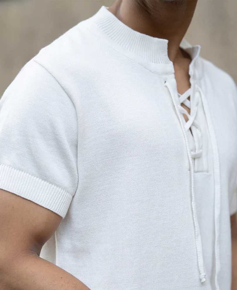 White Knitted Regular Fit Henley T-Shirt - Image 4