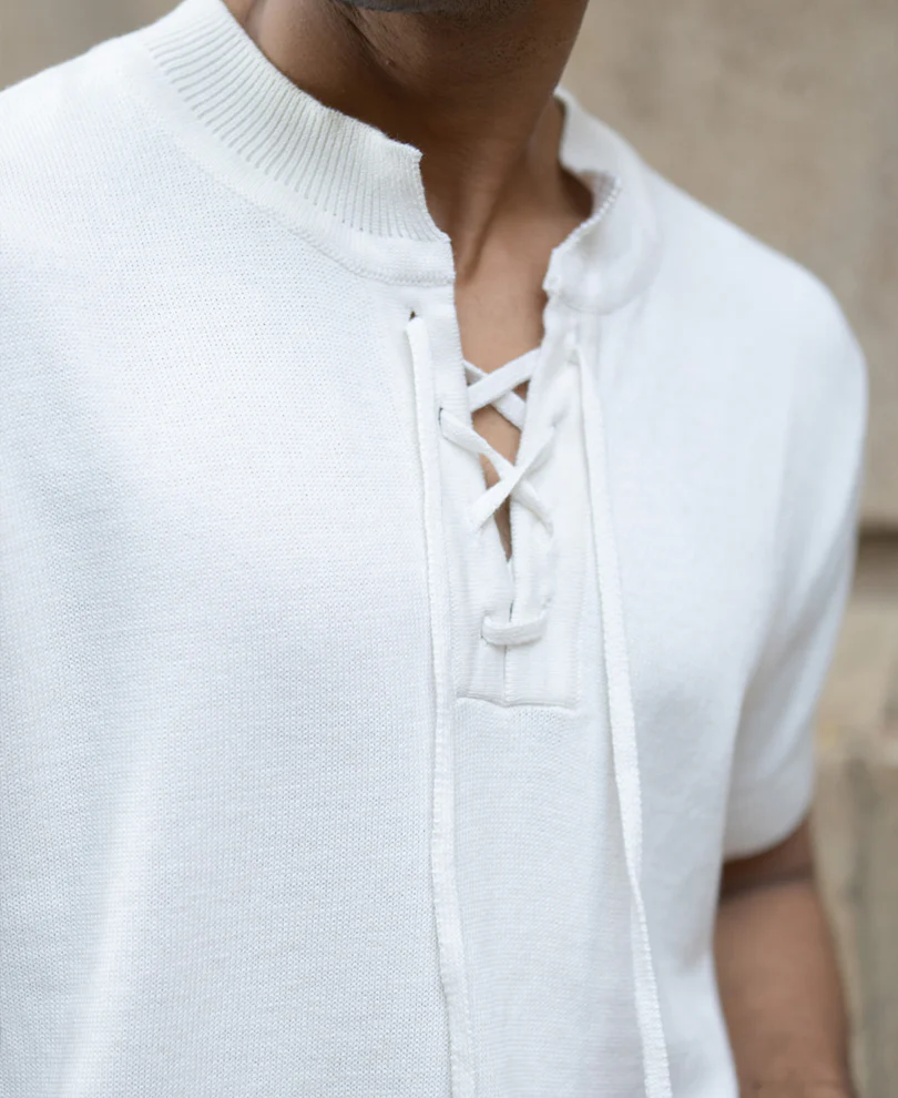 White Knitted Regular Fit Henley T-Shirt - Image 5