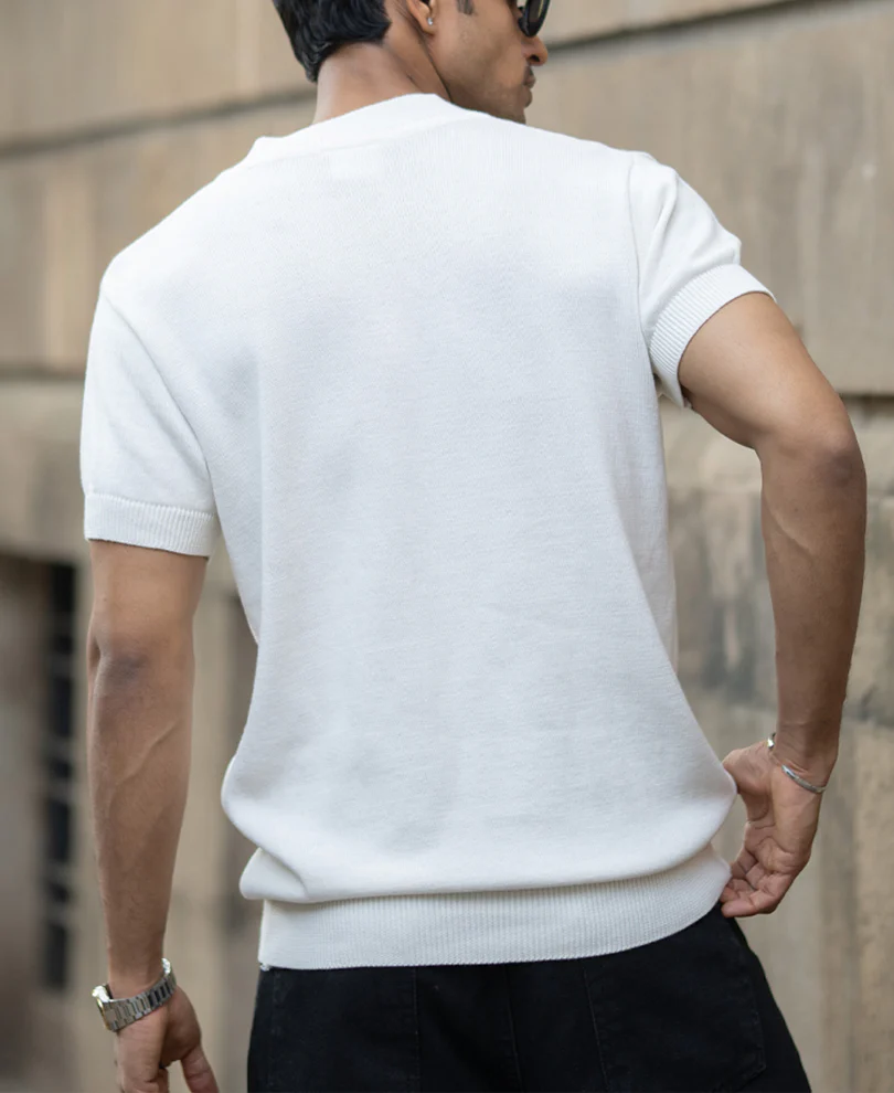 White Knitted Regular Fit Henley T-Shirt - Image 6