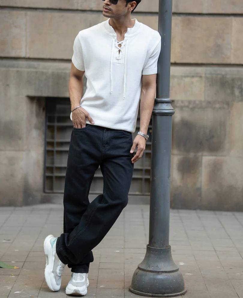 White Knitted Regular Fit Henley T-Shirt - Image 7