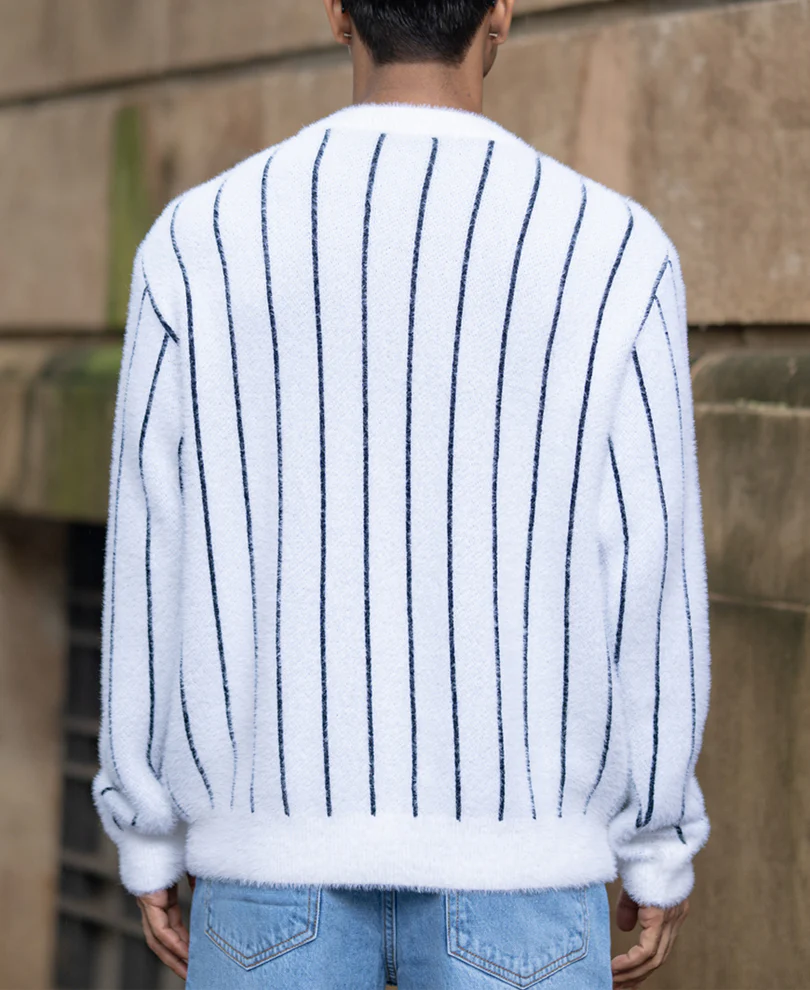 White Striped Fuzzy Sweater - Image 5