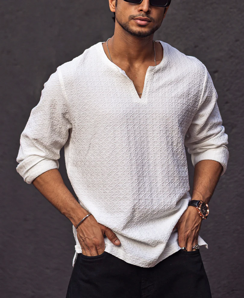 White Structured Regular Fit Full Sleeves Kurta Style Shirt
