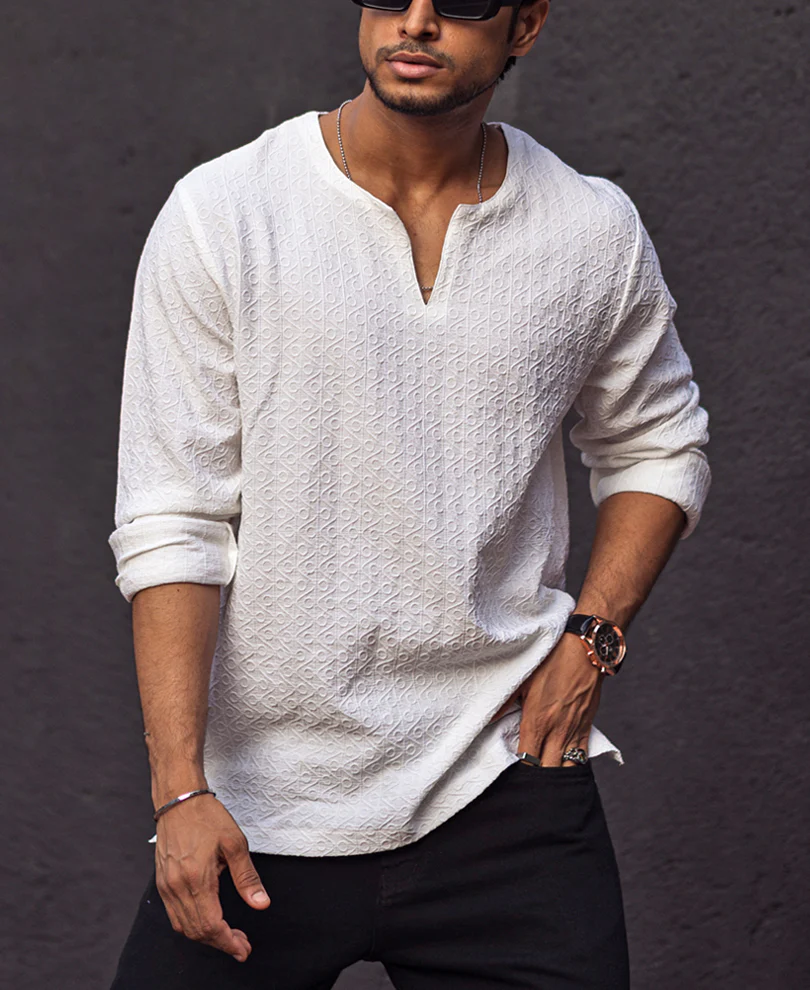 White Structured Regular Fit Full Sleeves Kurta Style Shirt - Image 2