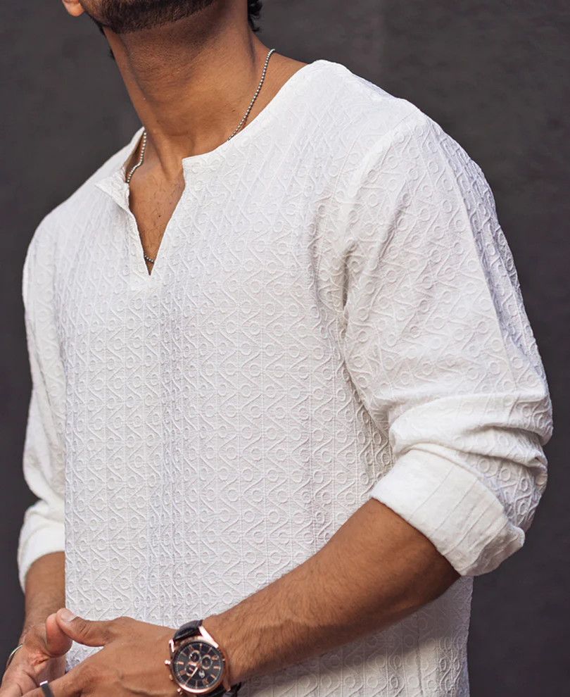 White Structured Regular Fit Full Sleeves Kurta Style Shirt - Image 3