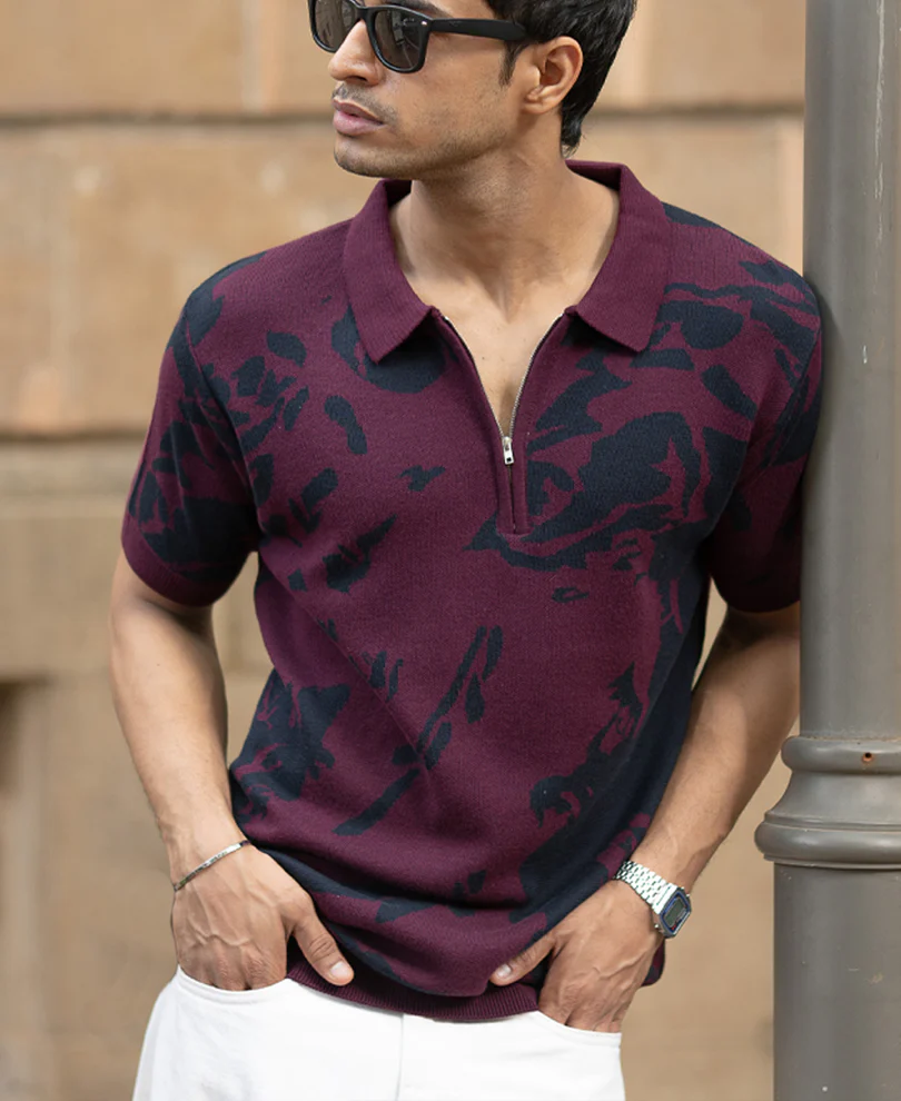 Wine Abstract Knit Polo T-Shirt - Image 2