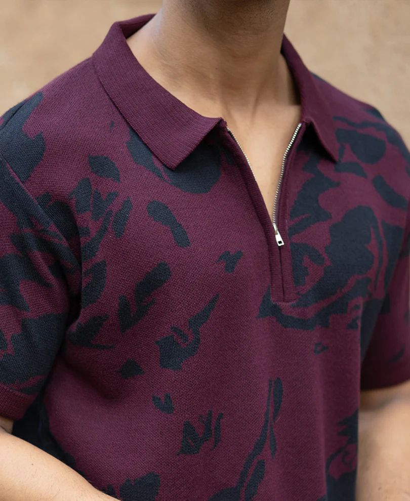 Wine Abstract Knit Polo T-Shirt - Image 3