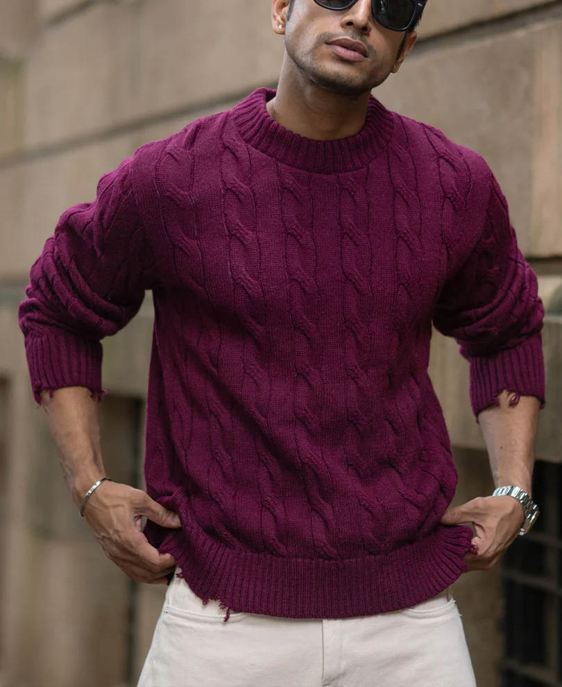 Wine Distressed Cable Knit Sweater - Image 2