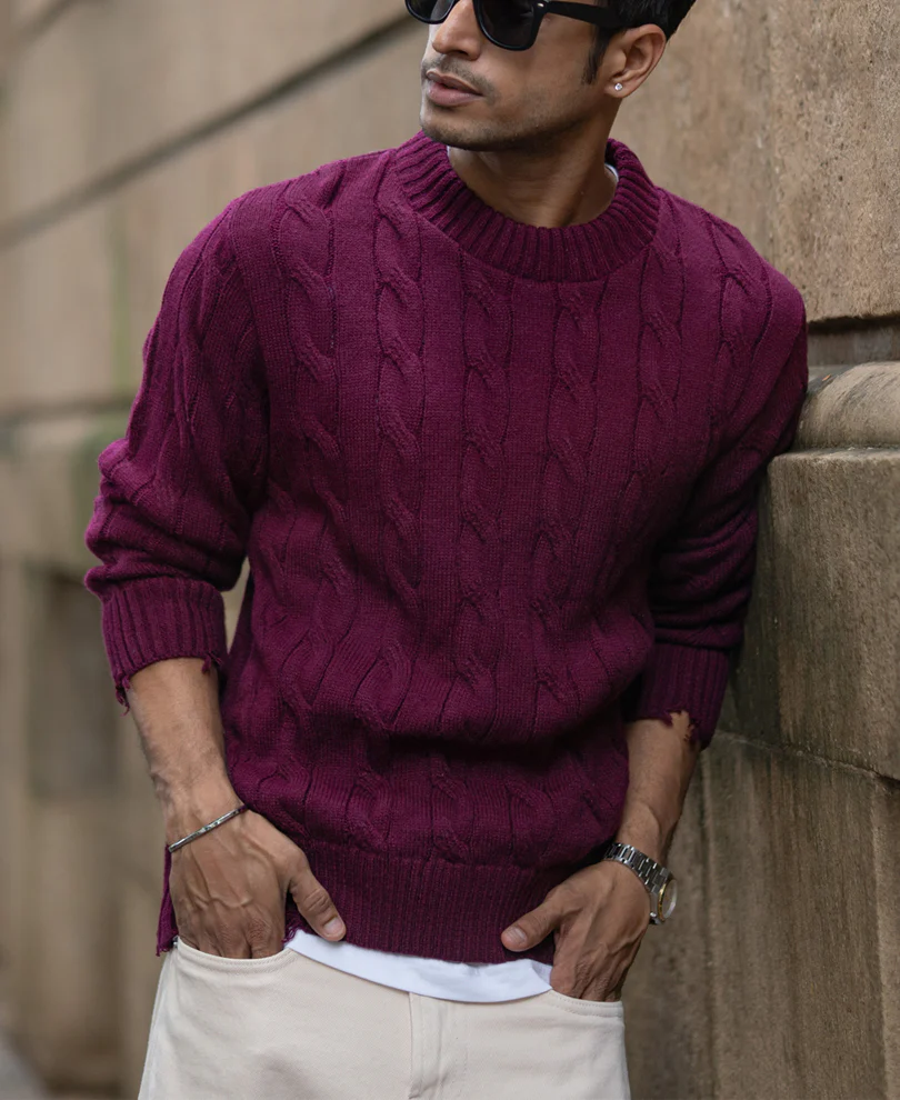Wine Distressed Cable Knit Sweater - Image 3