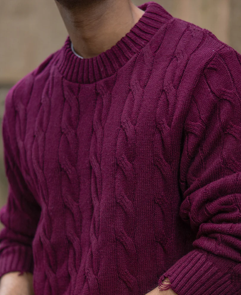Wine Distressed Cable Knit Sweater - Image 4