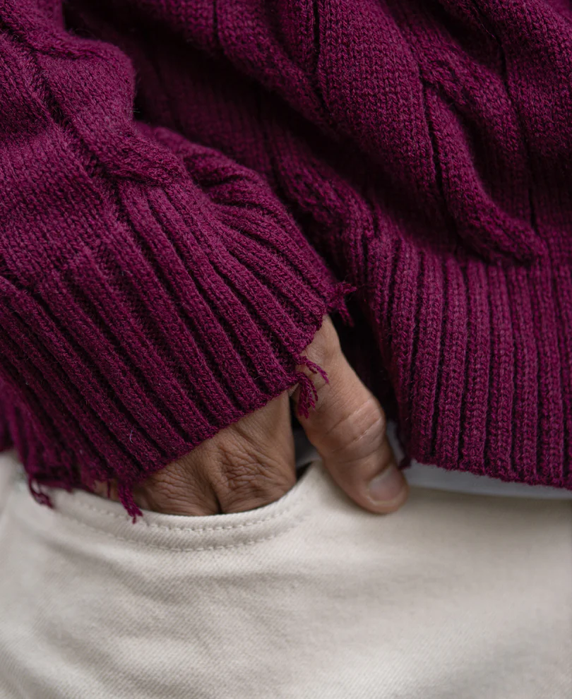 Wine Distressed Cable Knit Sweater - Image 5